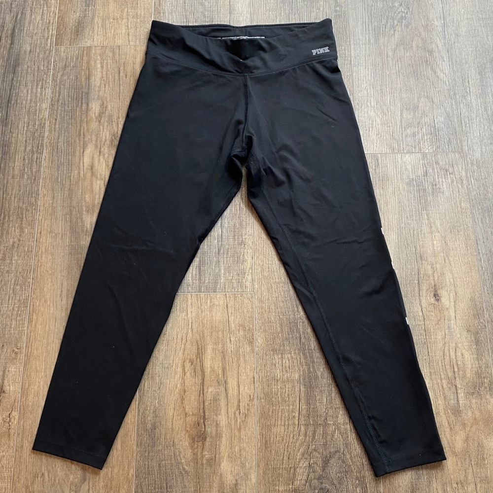 PINK Victoria's Secret Ultimate Leggings Black Logo Graphic Cropped‎ Womens Med
